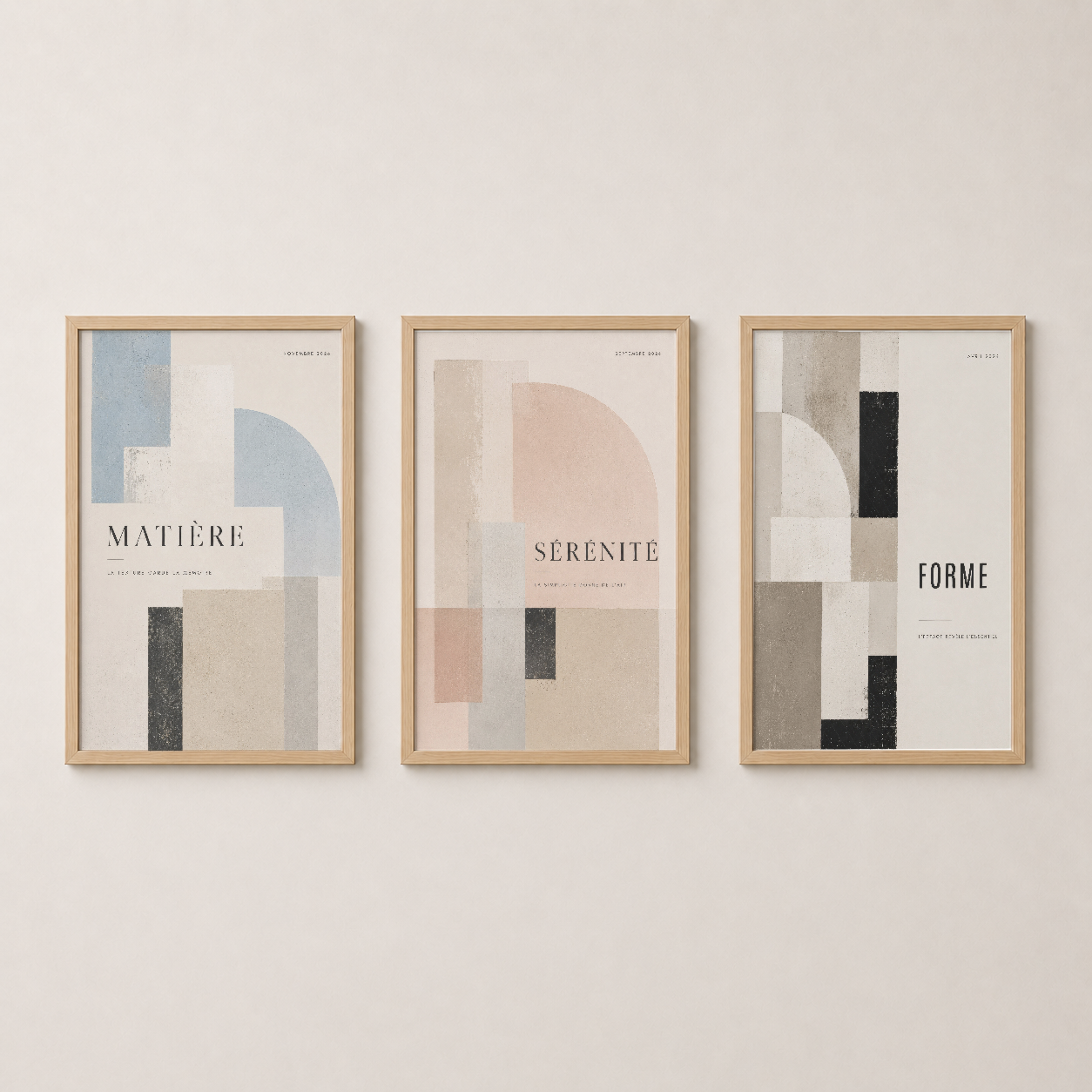 Bej Siyah Geometrik Soyut Minimalist 3'lü Set Duvar Tablosu