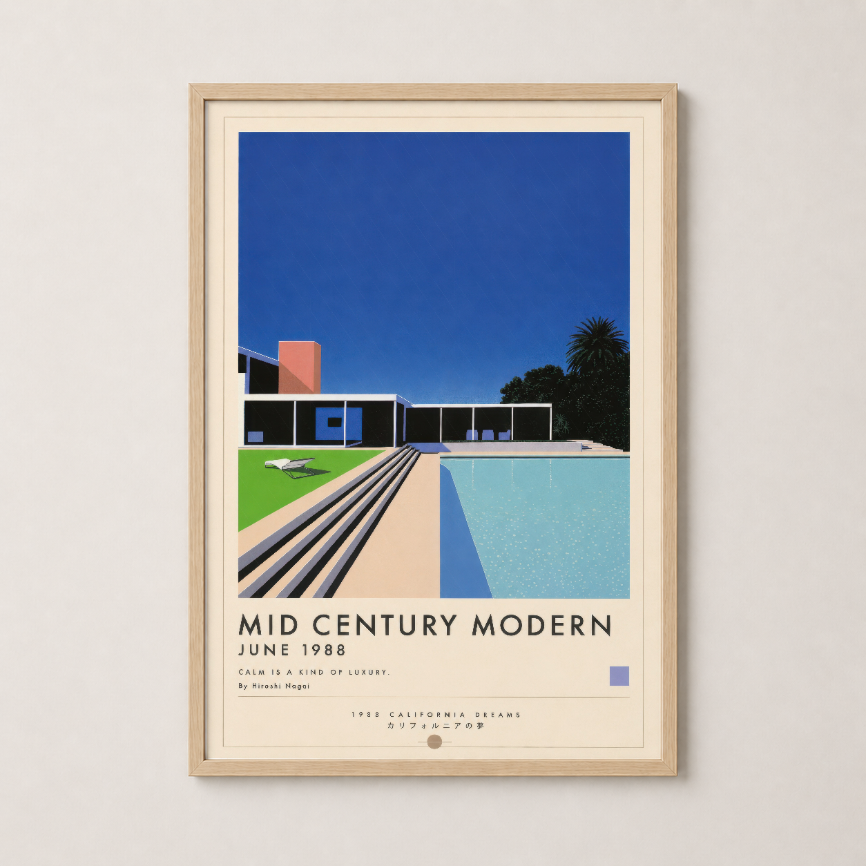 Ahşap çerçeveli Mid Century Modern poster, 1988 California Dreams serisinden, geometrik ve renk uyumlu villa tasarımı.