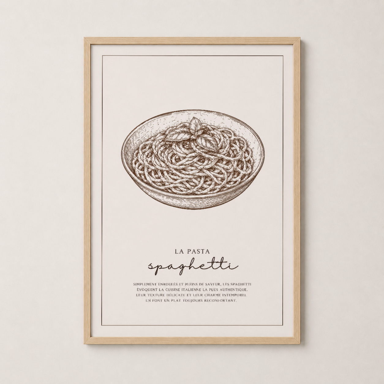 Ahşap çerçeveli spaghetti posteri, sıcak ve doğal dekor tarzına uyum sağlayan sanat tablosu.