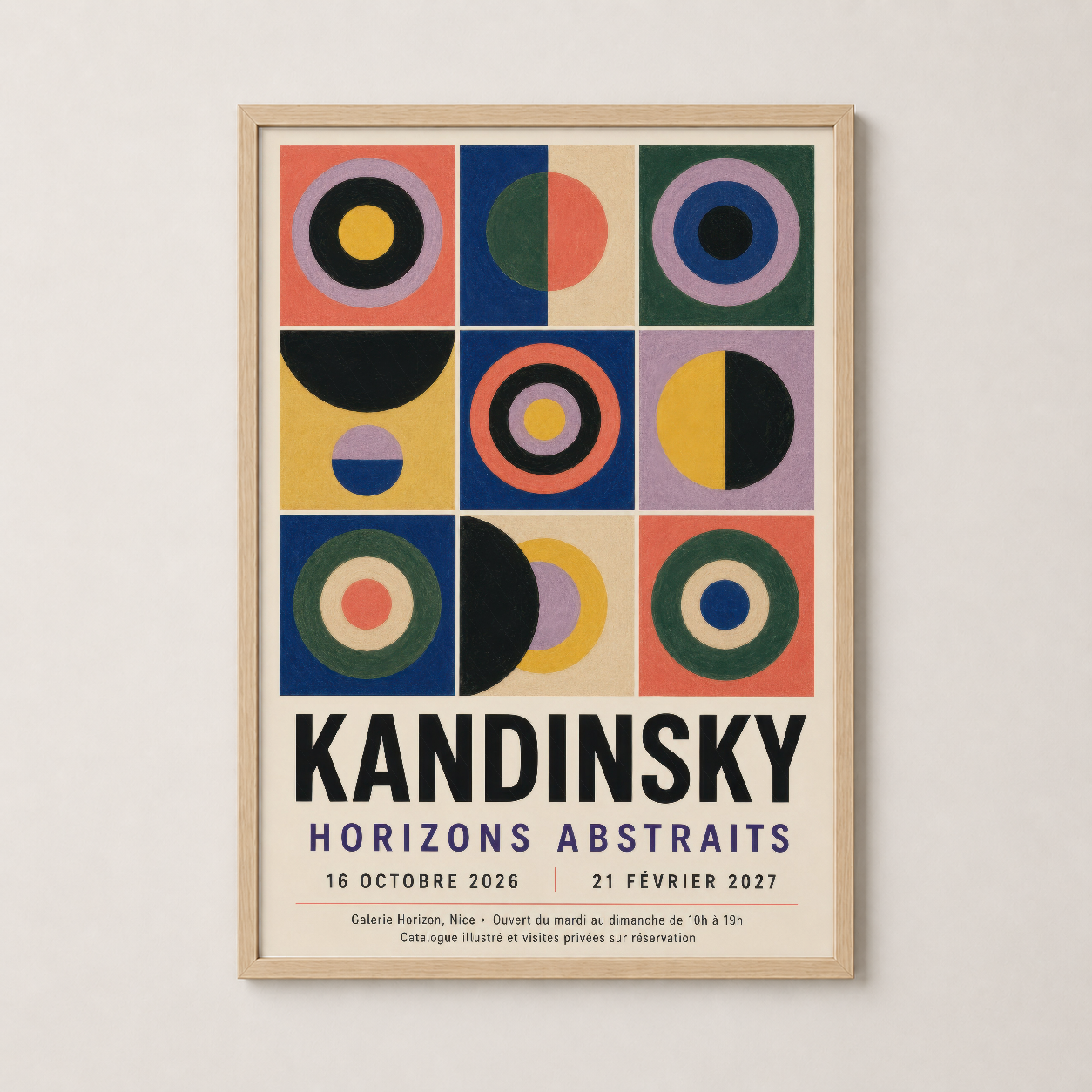 Doğal ahşap çerçeveli Kandinsky posterinin, sıcak renk paletinin modern iç mekan dekorasyon uyumu.