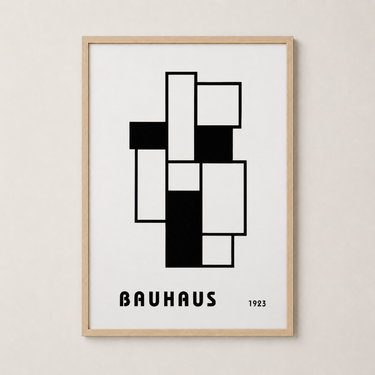 Bauhaus 1923 posteri ahşap çerçevede, soyut geometrik sanat, scandinavian tarzı duvar tablosu.