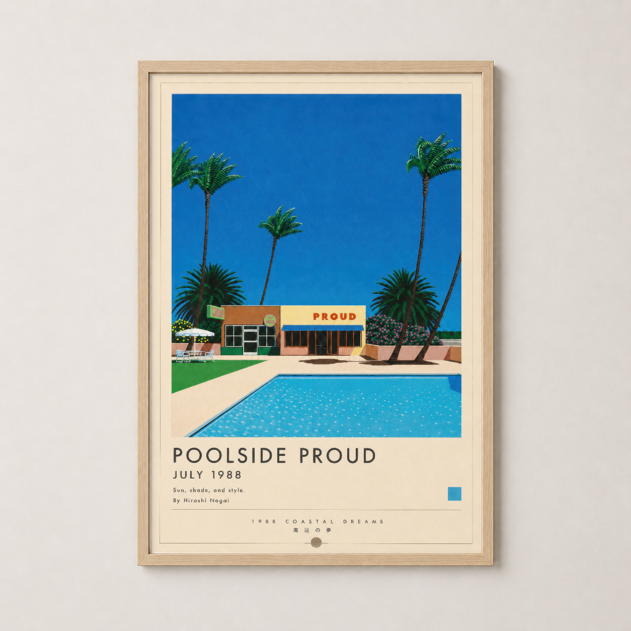 Ahşap çerçeveli Poolside Proud tablosu, 1988 kaligrafi içeren retro stil sanat baskısı.
