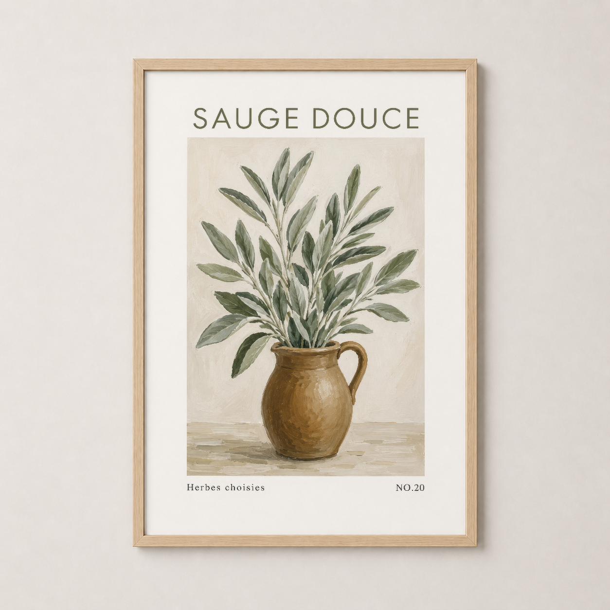 Sauge Douce botanik poster, ahşap çerçevelemiş, doğal ve sıcak iç mekan dekorasyonu.