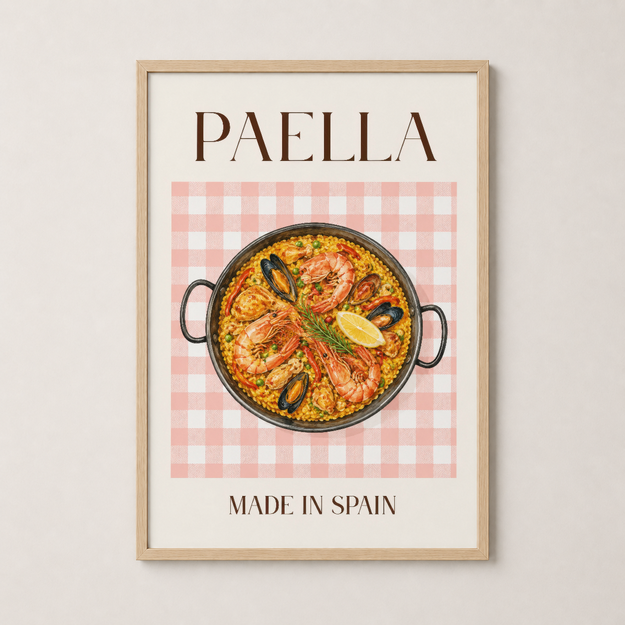 Ahşap çerçeveli paella sanat baskısı, sıcak ve rustik mutfak ortamına mükemmel uyum sağlayan poster.