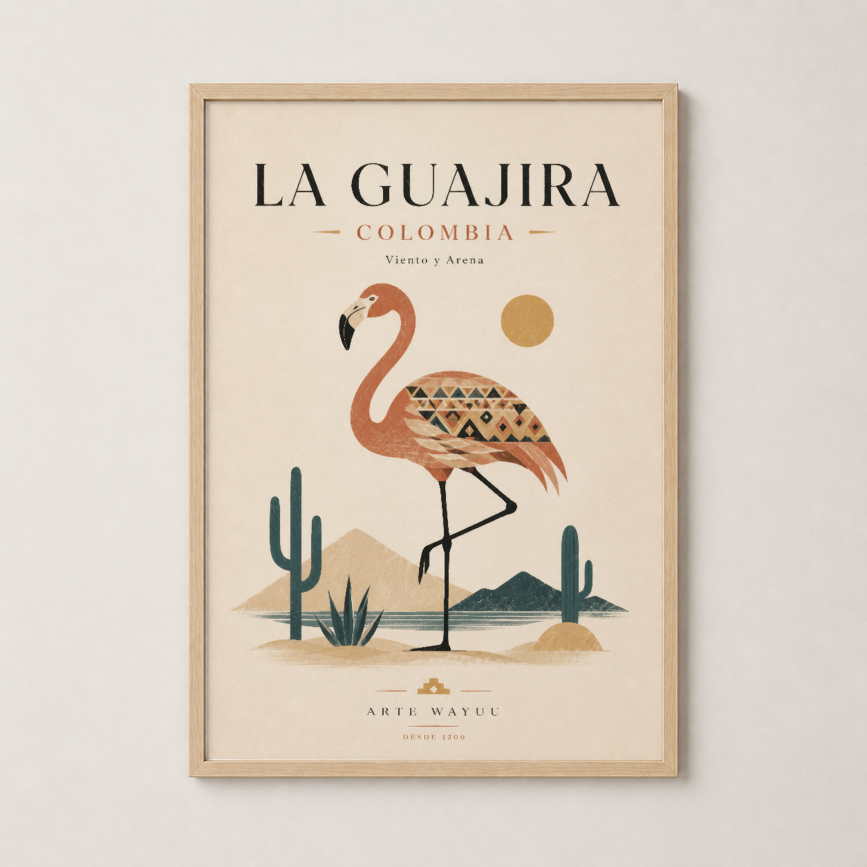 La Guajira Colombia sanat baskısı doğal ahşap çerçevede, etnik desenli flamingo temalı.