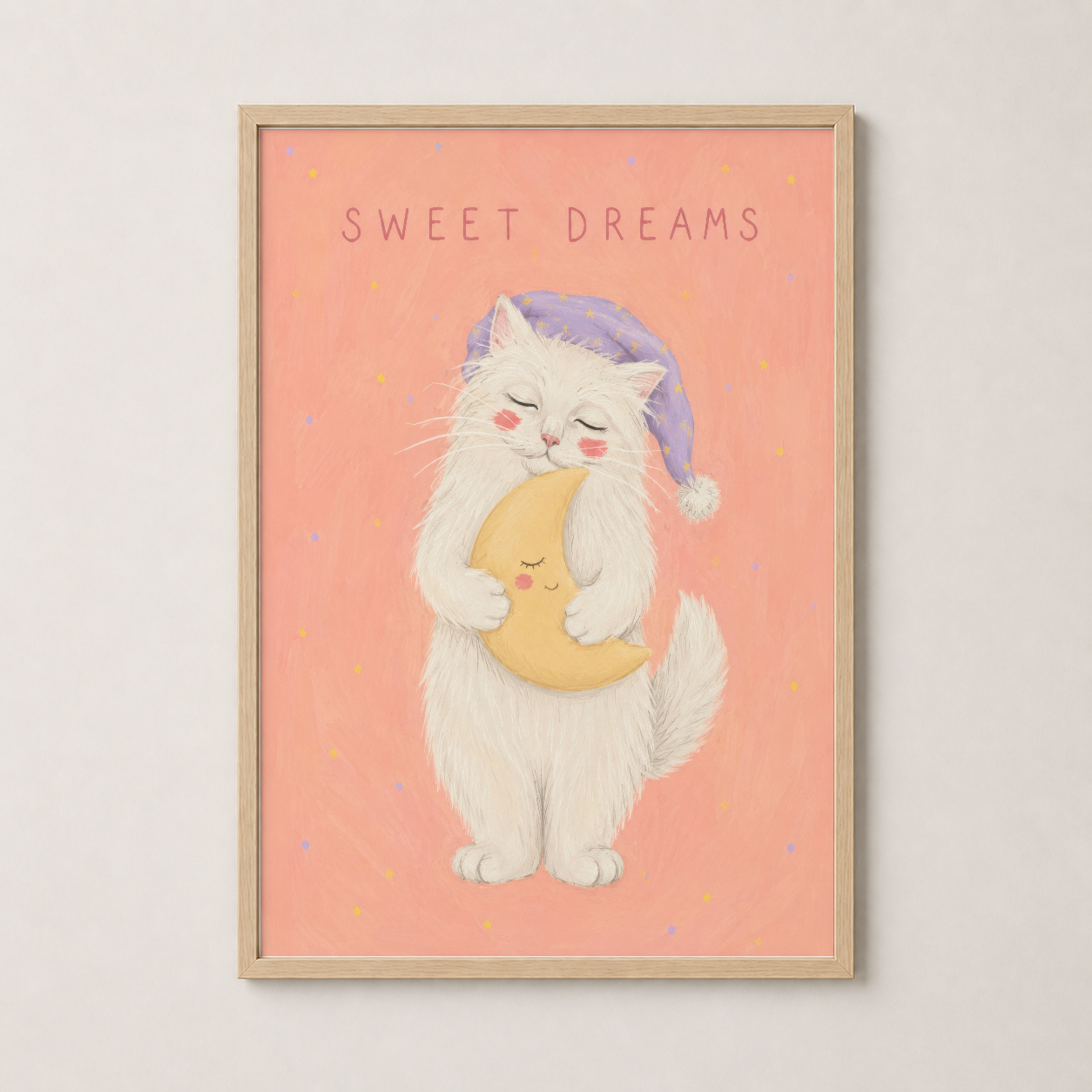 Pembe Mor Uyuyan Kedi Ay Çocuk Odası Duvar Tablosu