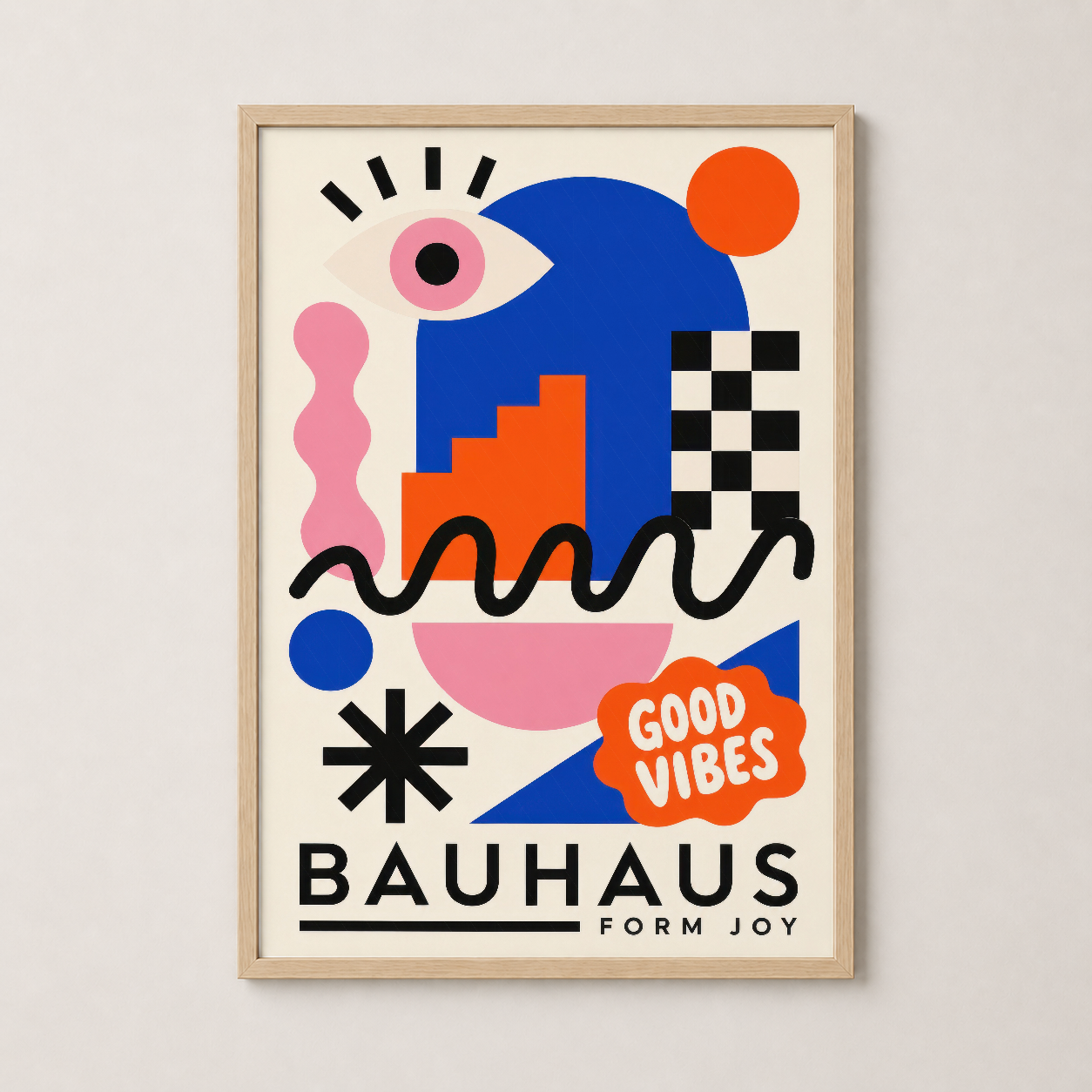 Doğal ahşap çerçeveli Bauhaus tablosu, sanat deco tarzında pembe-mavi-turuncu baskı ile dekoratif duvar sanatı.