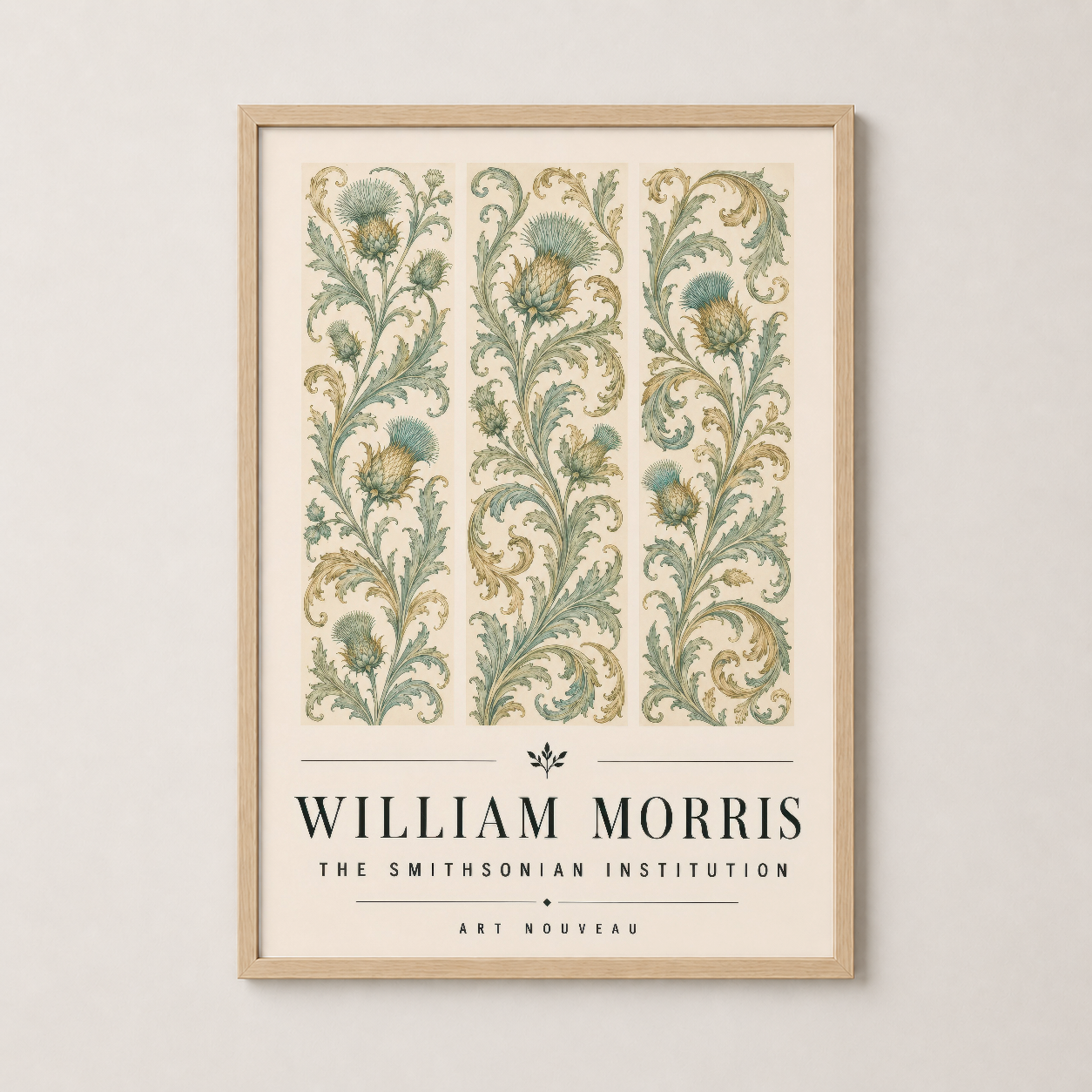 Ahşap çerçeveli vintage William Morris tablosu, sıcak ve doğal iç mekanları tamamlayan sanat eserdir.