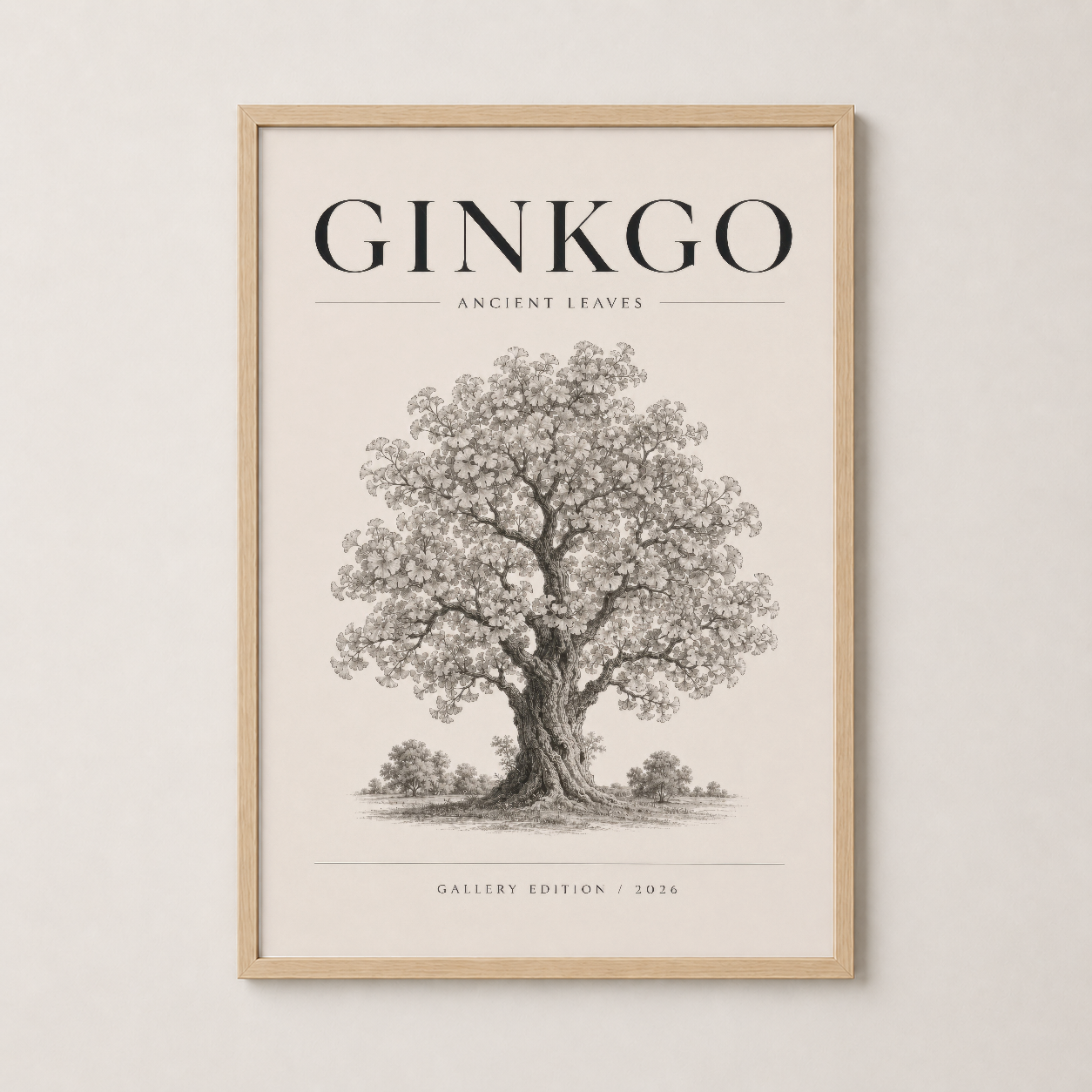 Ginkgo Ancient Leaves duvar sanatı doğal ahşap çerçeveli, botanik ağaç gravürü ile klasik galeri stili.
