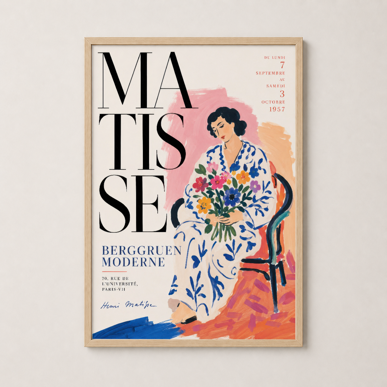 Matisse Berggruen Moderne duvar tablosu, doğal ahşap çerçeveli, vintage Paris sergisi afişi ve sanatsal kadın figürü.