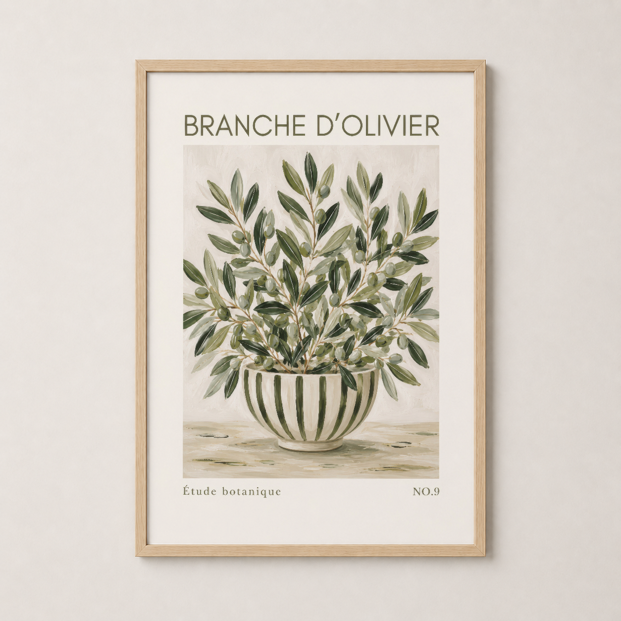 Ahşap çerçeveli vintage zeytin dalı posteri, doğal ve ısıl tınıları vurgulayan modern dekorasyon