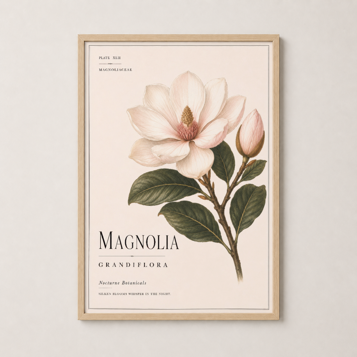 Ahşap çerçeveli, vintage botanik magnolia tablosu, doğal ve sıcak bir iç mekan atmosferi yaratır.