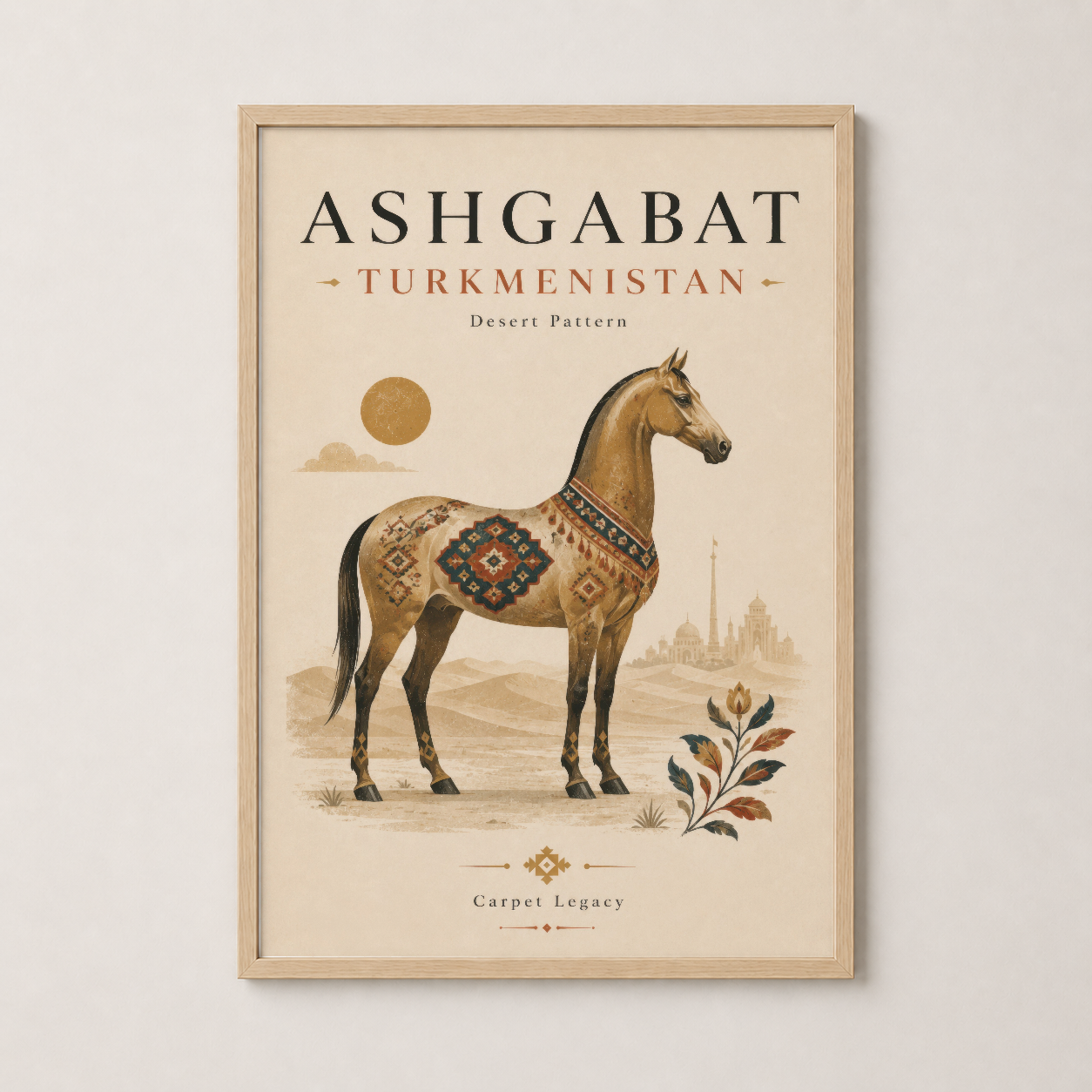 Ashgabat Türkmenistan at tasarımı, doğal ahşap çerçeveli sanat baskısı, etnografik tema.