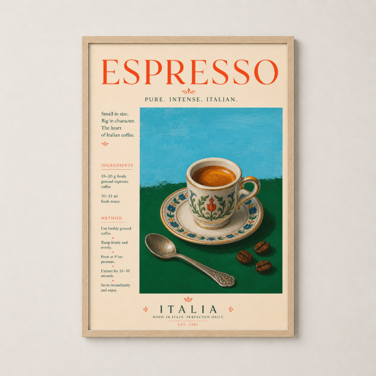 Ahşap çerçeveli espresso posteri, sıcak ve doğal dekorasyonlar için ideal bir duvar sanat ürünü.