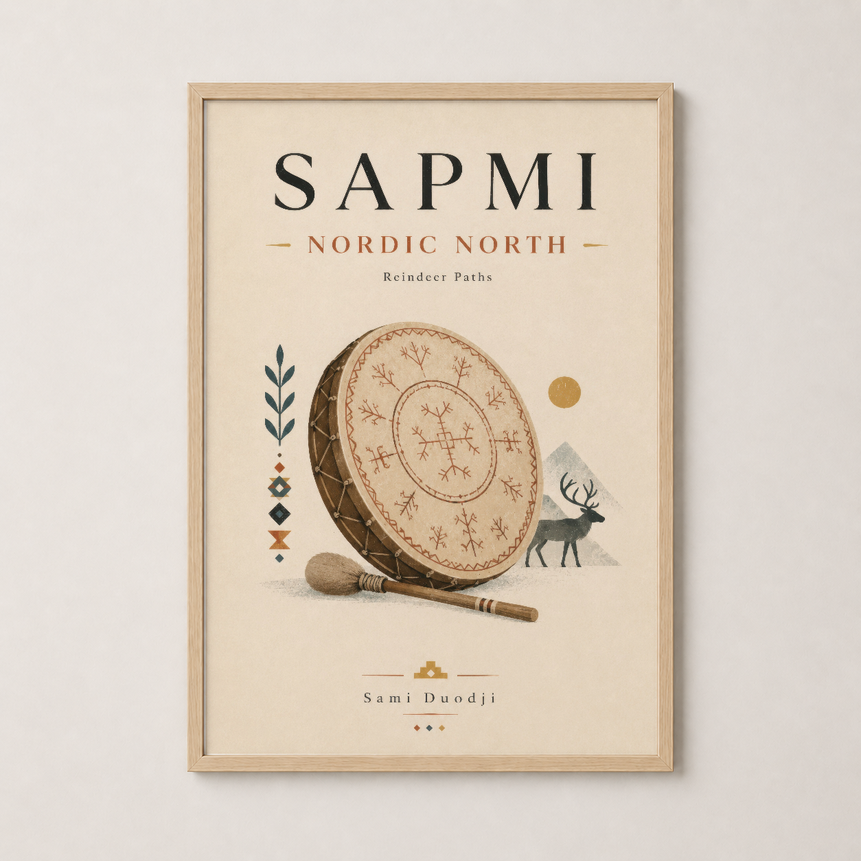 Sapmi Nordic North tablosu doğal ahşap çerçevede, sıcak Nordik atmosferi yaratır