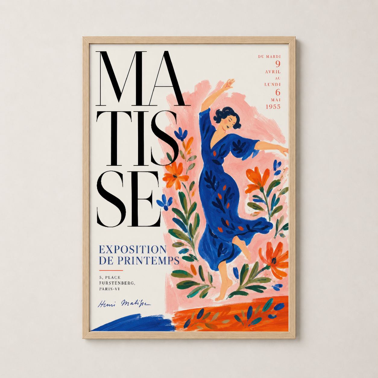 Matisse bahar afişi ahşap çerçevede, sıcak doğal tonda sanat koleksiyonu parçası.