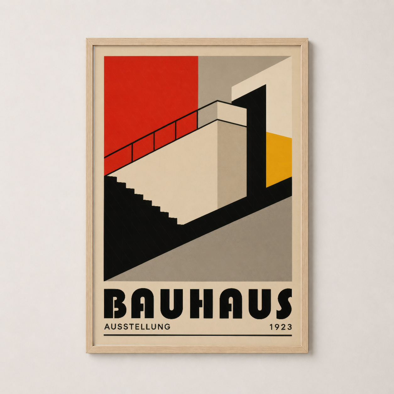 Doğal ahşap çerçeveli Bauhaus sergisi tablosu, vintage modernist tasarımla oturma alanında sanat yer alması.