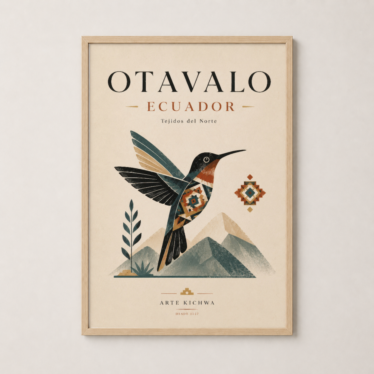 Ahşap çerçeveli Otavalo Ecuador duvar posteri, coğrafik ve sanatsal kuş teması.