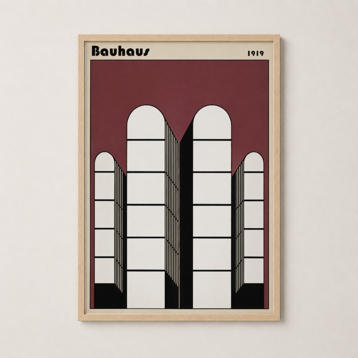 Doğal ahşap çerçevesi içinde Bauhaus 1919 tablosu, geometrik pencere motifiyle modernist estetik sunuyor.