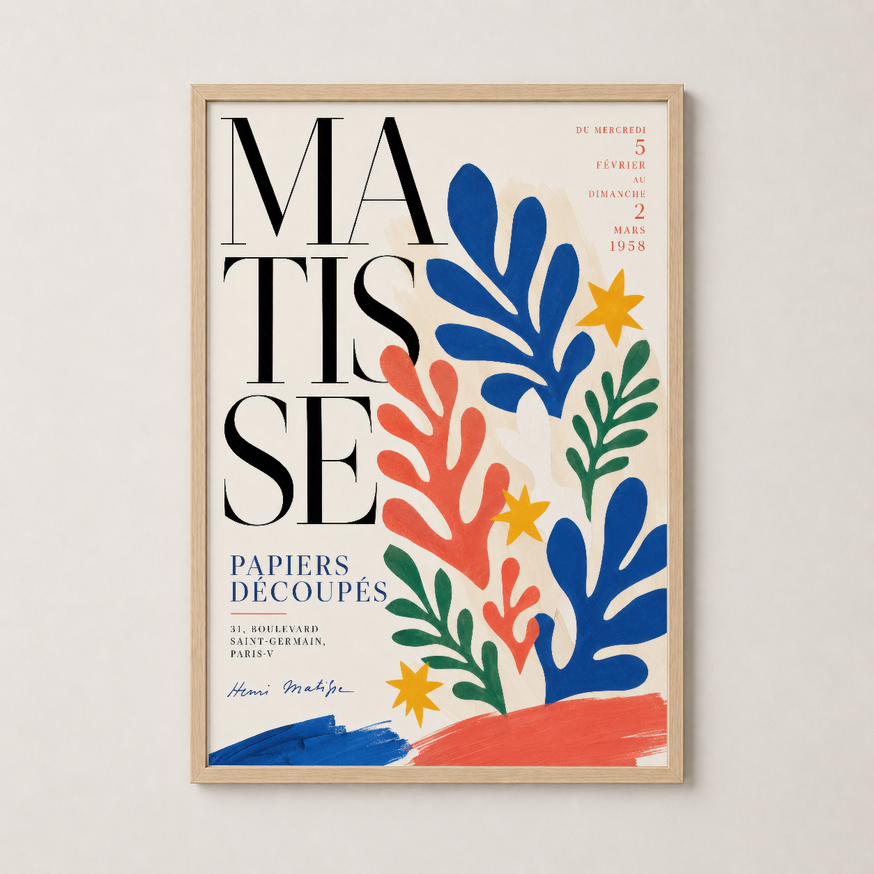 Matisse Papiers Découpes tablosu ahşap çerçevede, Skandinavyen tarzı duvar sanatı, canlı renkleriyle ev dekoru.