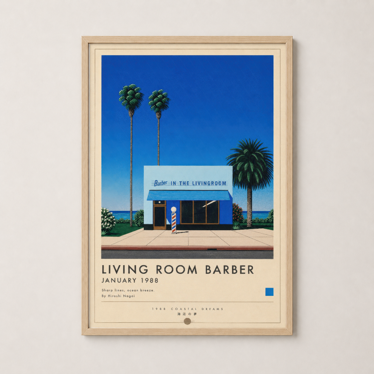 Living Room Barber tablosu doğal ahşap çerçevede, retro estetikli dekoratif sanat baskısı.
