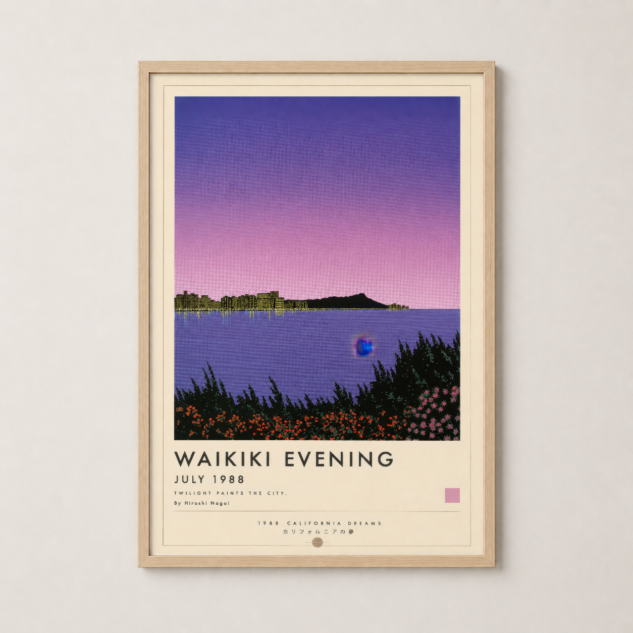 Waikiki Evening posteri doğal ahşap çerçevede, estetik sanat baskısı ve retro tasarım tarzı.