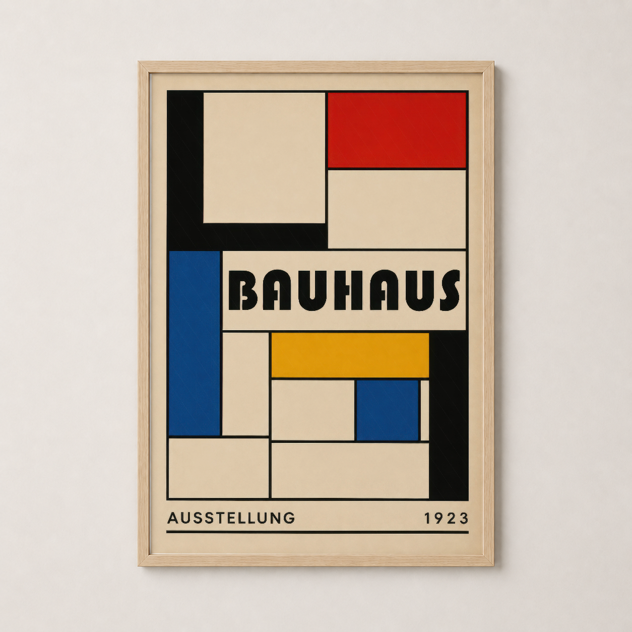 Bauhaus 1923 posterinin ahşap çerçeveli versiyonu, sıcak ve doğal ev ortamı için geometrik sanat tablosu