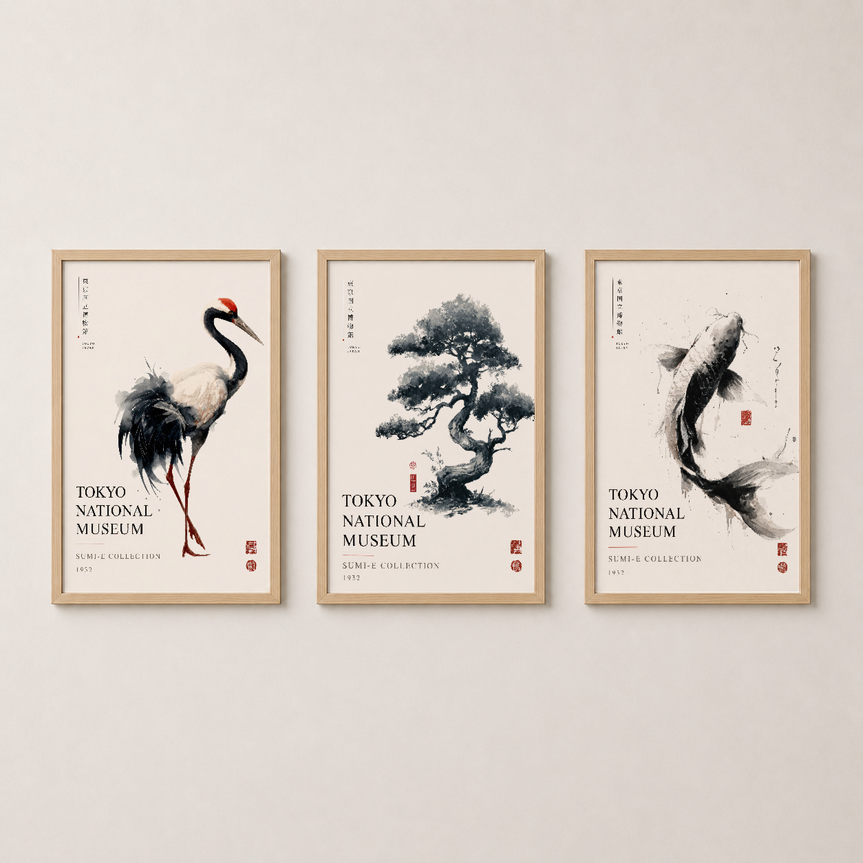 Siyah Kırmızı Japon Sumi-e Koi Bonsai Turna 3'lü Set Duvar Tablosu