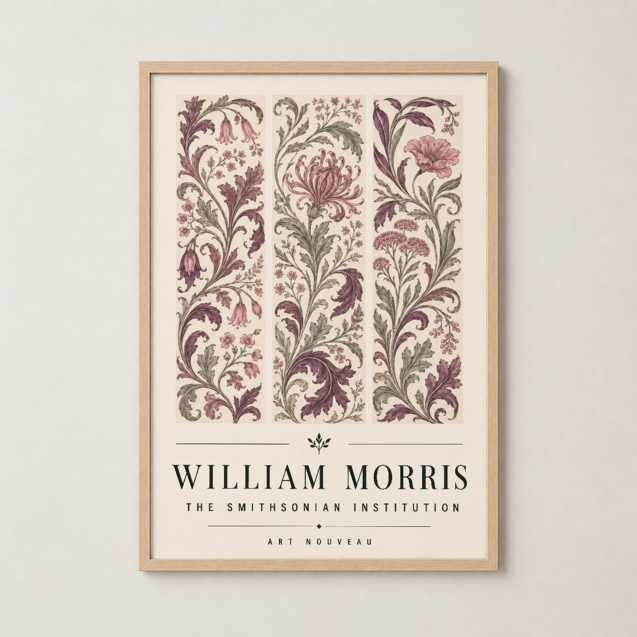 William Morris Art Nouveau posteri doğal ahşap çerçevede, dekoratif çiçek motifli klasik sanat eseriyapıştırmış oda dekoru.
