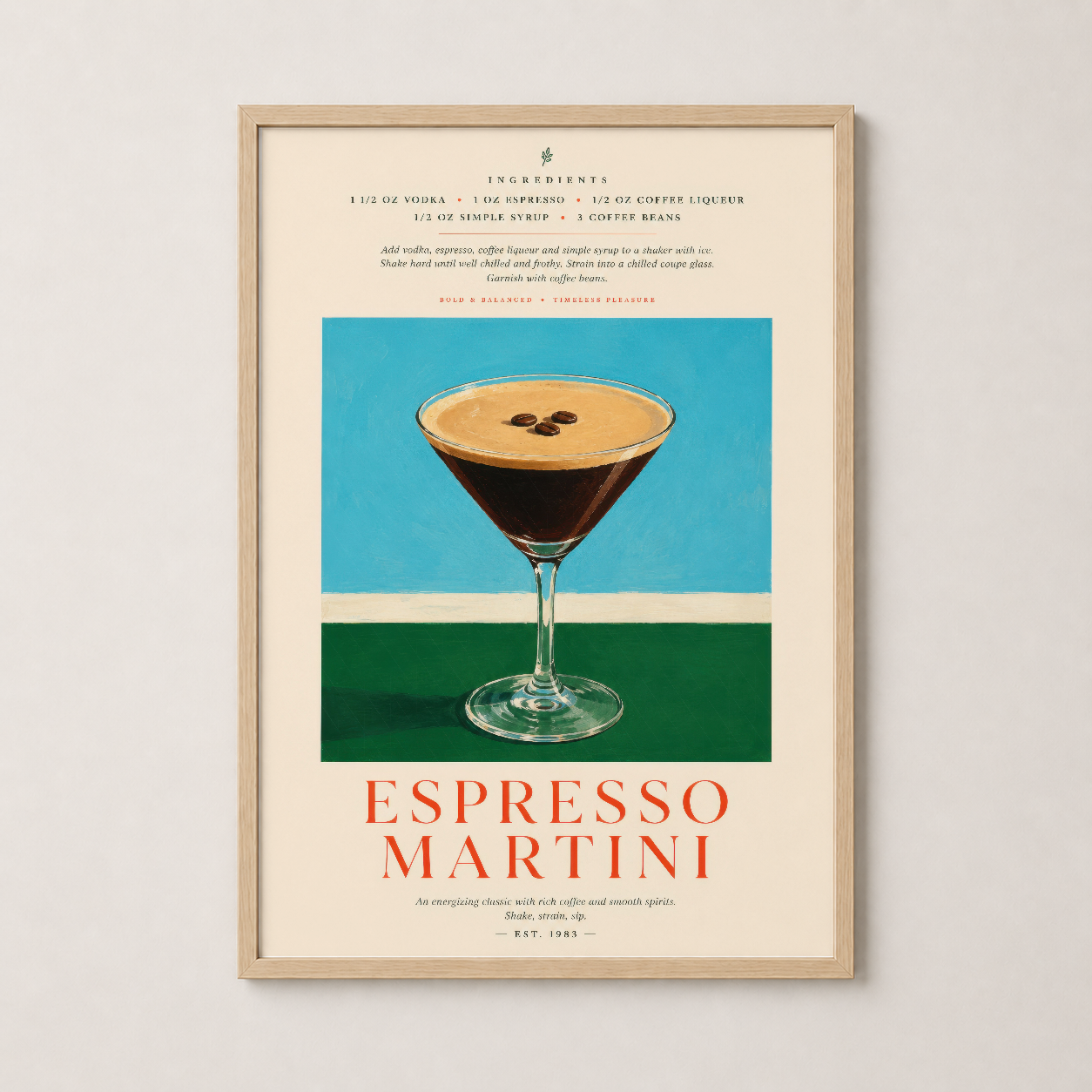 Espresso Martini kokteli tarifi doğal ahşap çerçeveli poster, sıcak mutfak ambiyansı.
