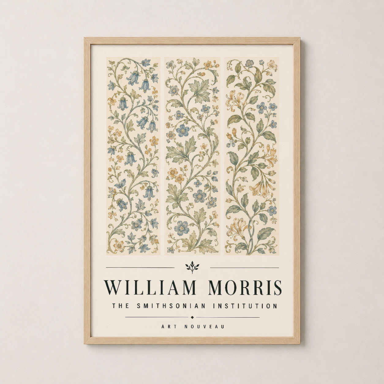 Doğal ahşap çerçevede, William Morris tasarımı botanik sanat posteri.