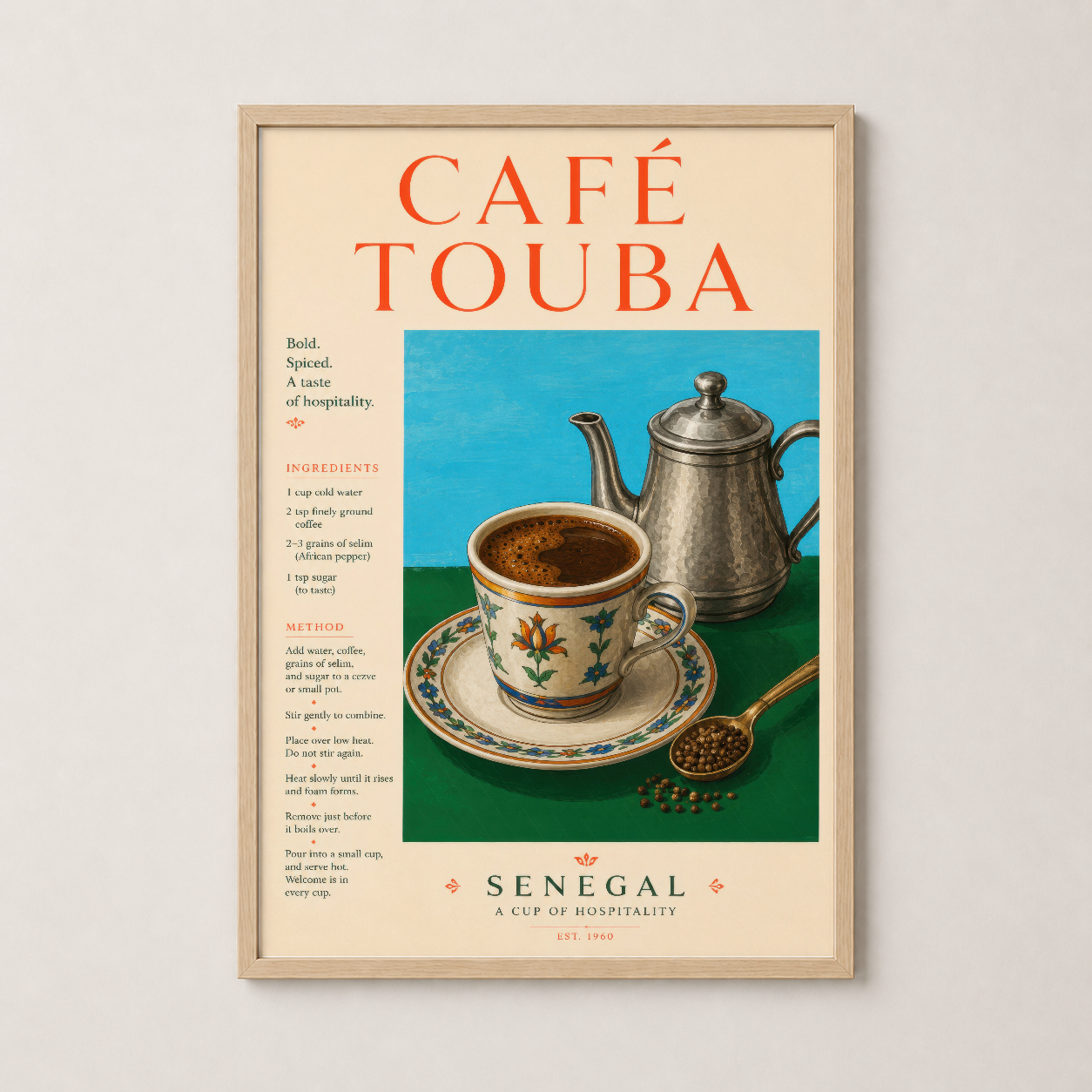 Café Touba poster ahşap çerçevede, sıcak renkleriyle mutfağa retro zarafet ve kültürel hikaye katan.