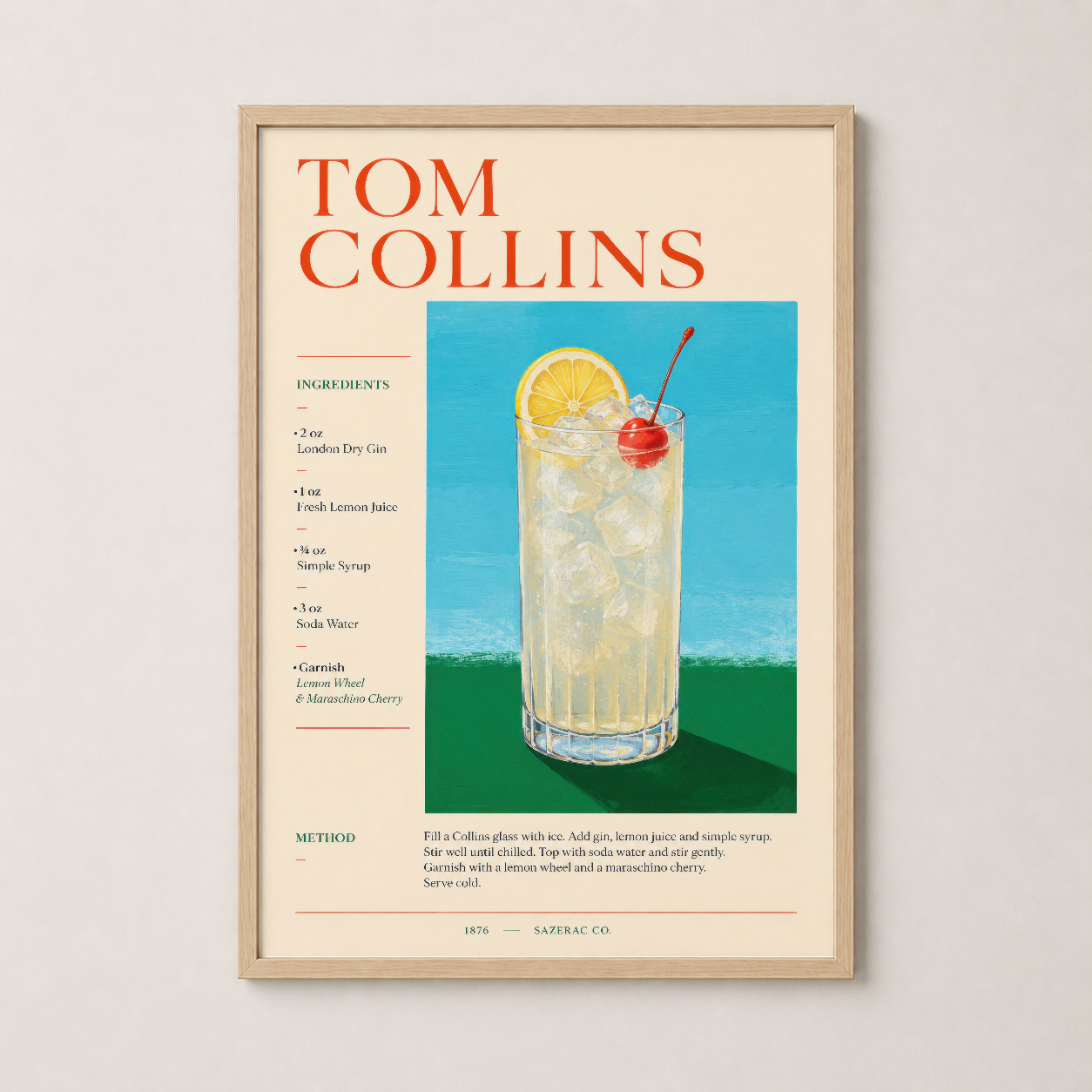 Tom Collins kokteyl posteri ahşap çerçevede, retro baskı sanat tablosu ev dekoru.