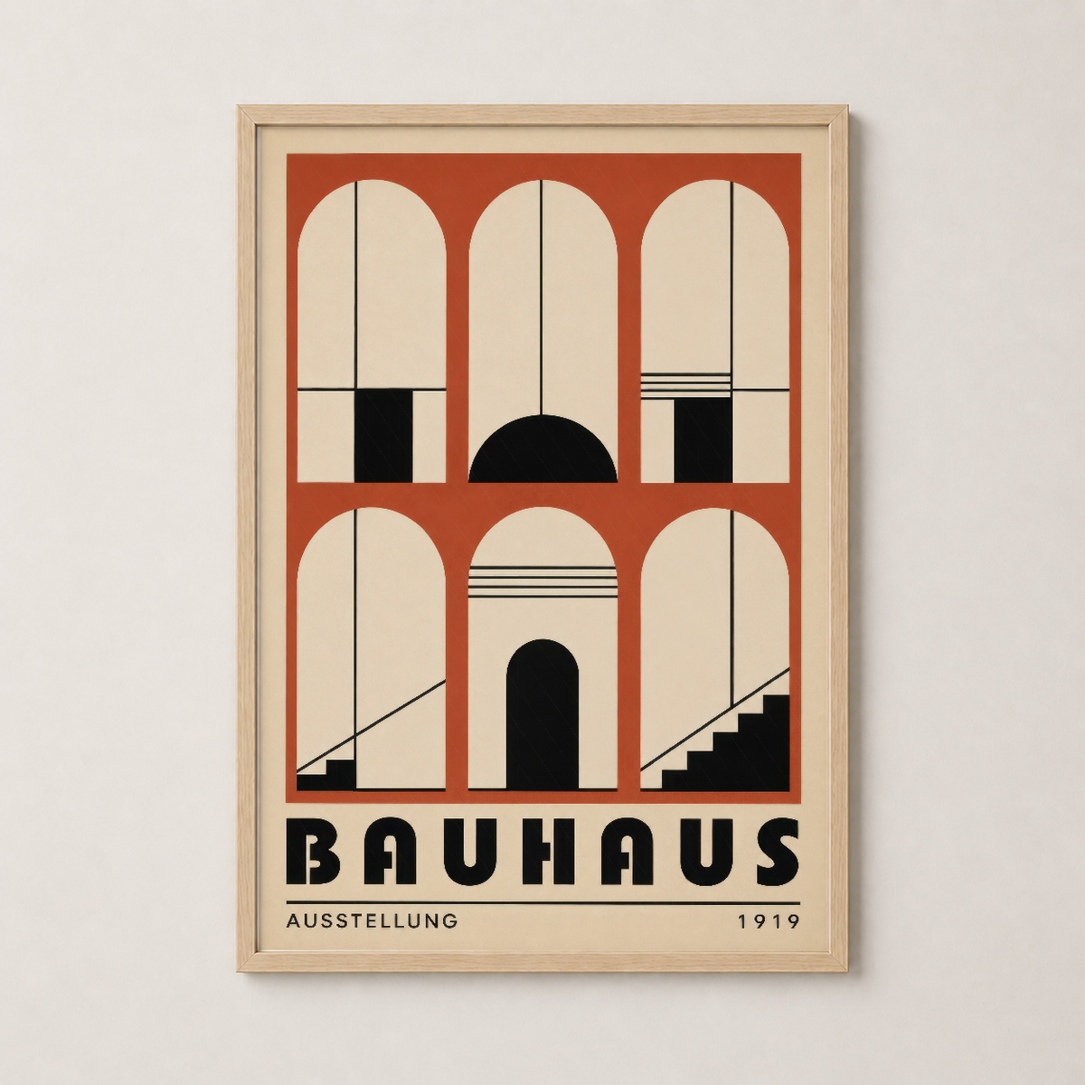 Bauhaus posteri ahşap çerçevede, 1919 Ausstellung tasarımı ile sıcak ve sofistike iç mekan stili.