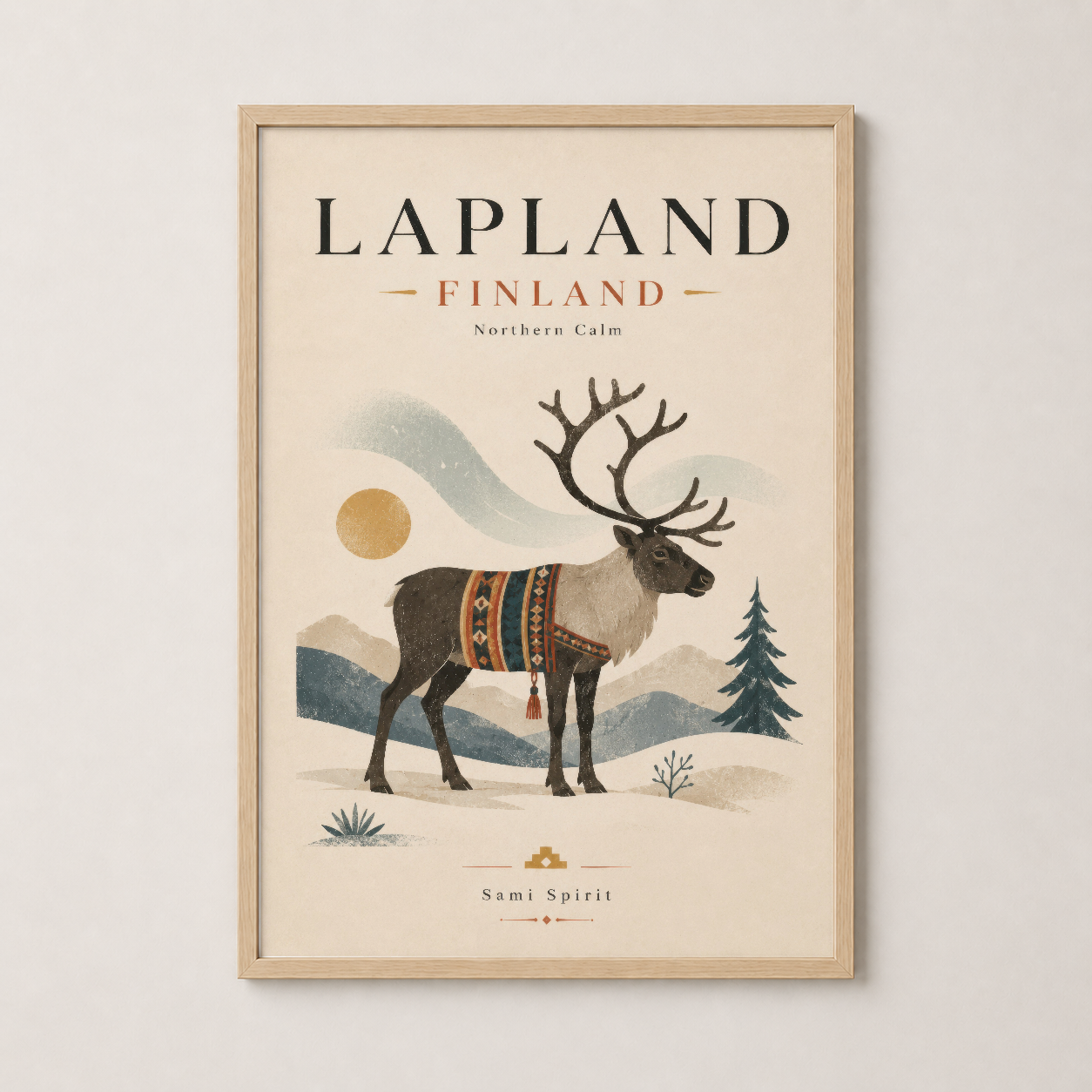 Lapland Finland posteri, ahşap çerçeveli, Kuzey Skandinavya'nın estetiğini taşıyan sakin ve şık dekoratif parça.