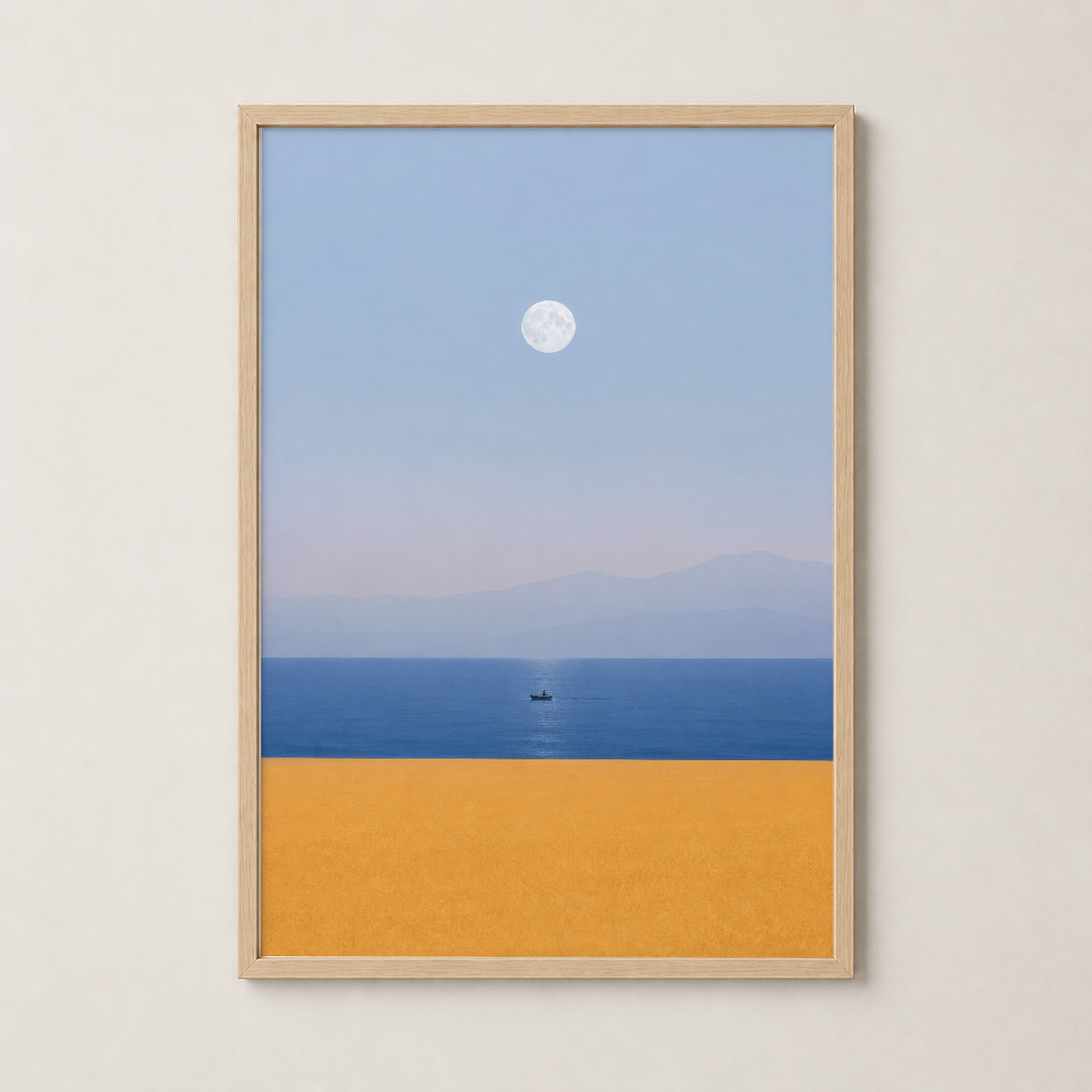 Ay ışığında sahil manzarası, doğal ahşap çerçevede, minimalist deniz ve plaj tasarımı.