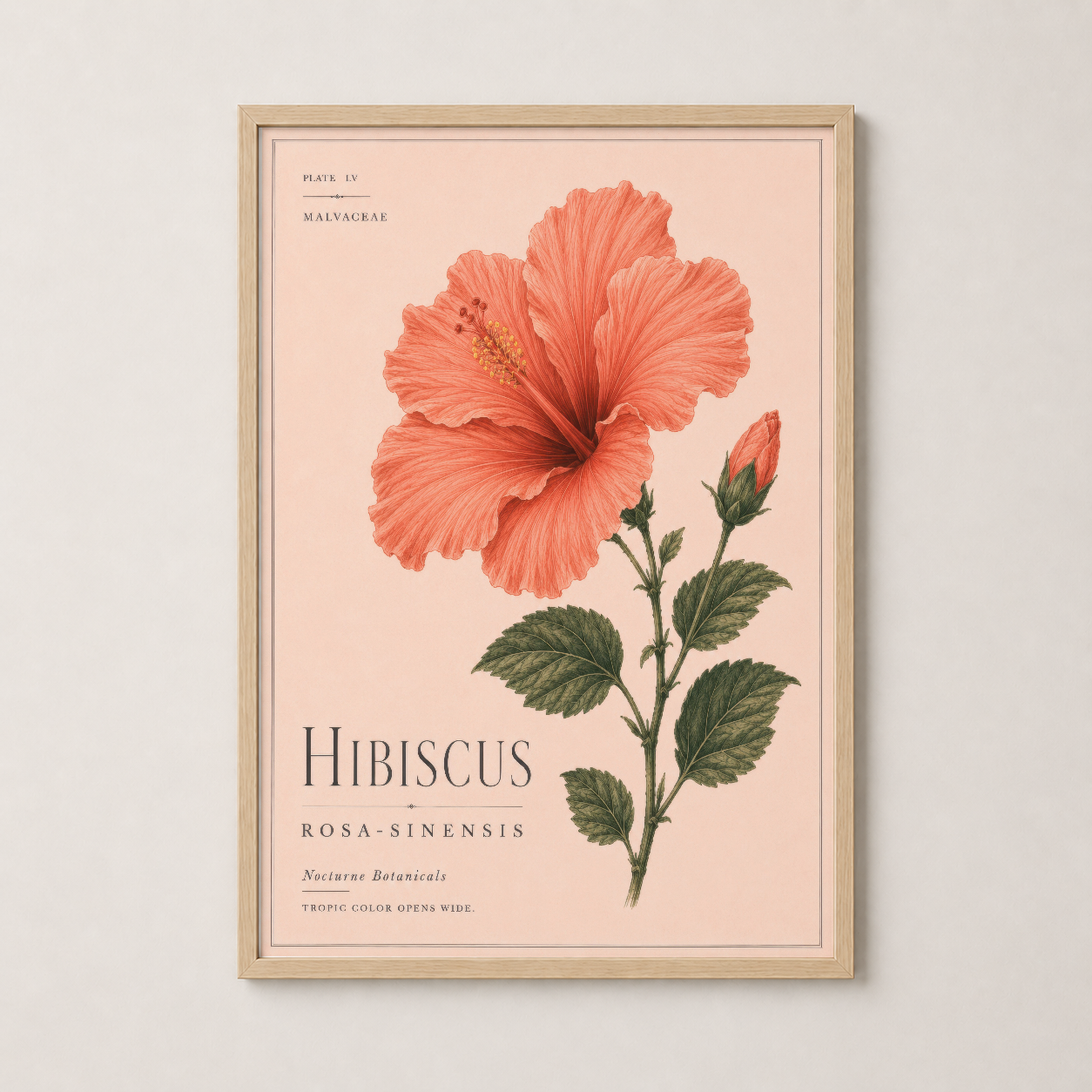 Ahşap çerçeveli hibiskus tablosu, doğal sıcaklığı ve klasik botanik tarzıyla evi huzurlu bir sanat galerisine dönüştürüyor.