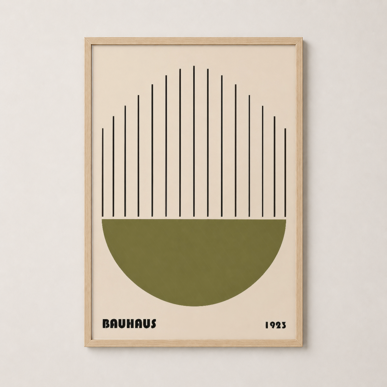 Bauhaus tablosu ahşap çerçevede, modern geometrik tasarım ve doğal dokulu sunumu.