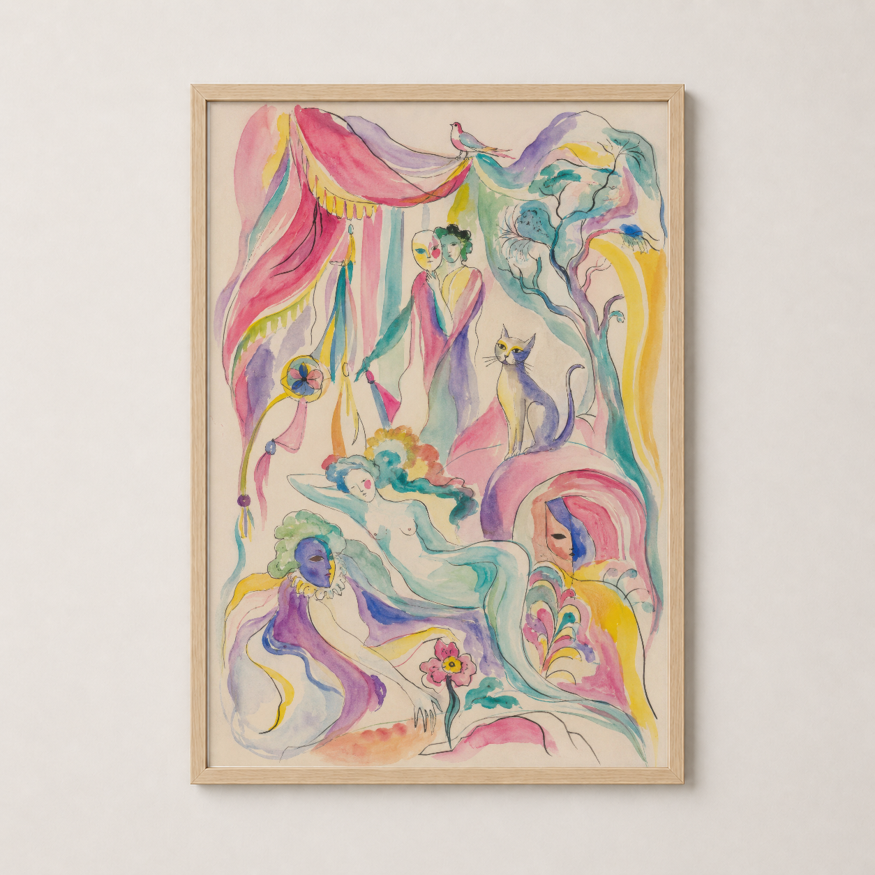 Doğal ahşap çerçeveli poster, sanat deco stilinde insan, hayvan ve çiçek motifleriyle rengarenk bir desen gösteriyor.