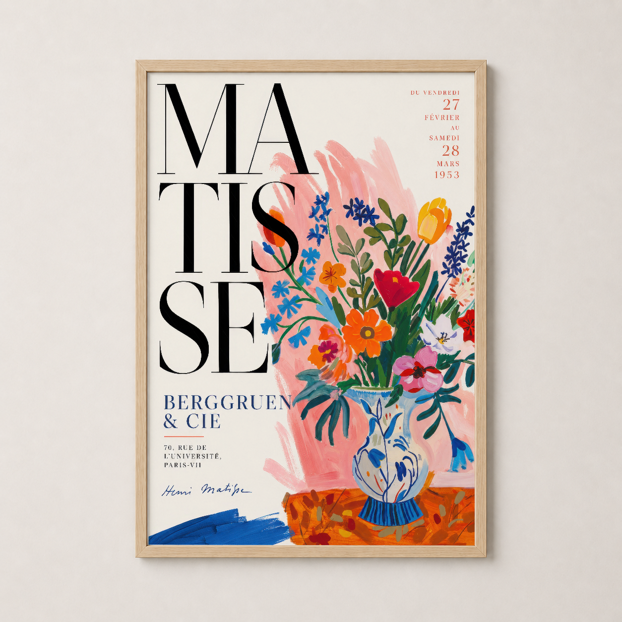 Doğal ahşap çerçevede Matisse çiçek tablosu, sıcak dekoratif poster.