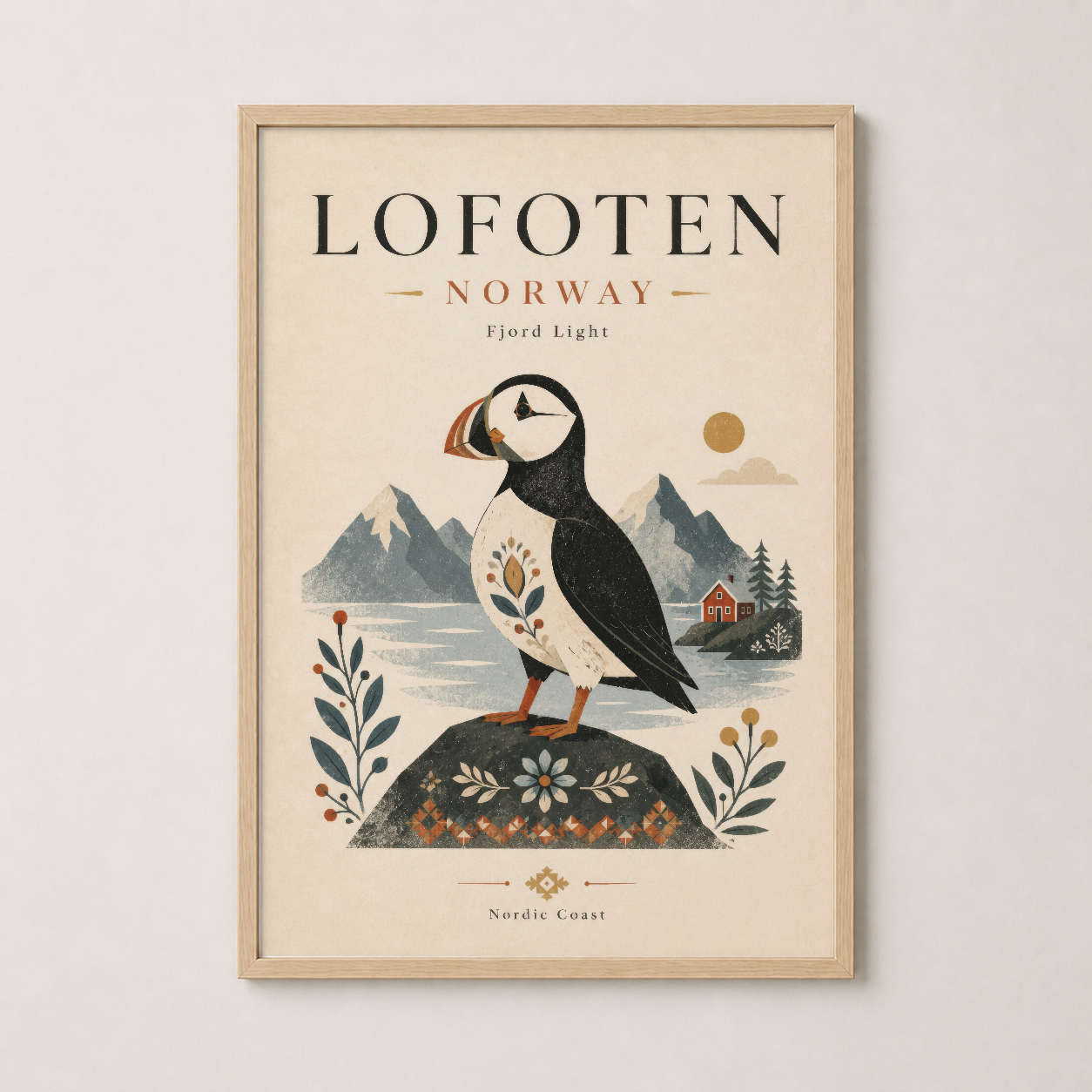 Doğal ahşap çerçevede, Lofoten Norveç posterinin duvar dekorasyonundaki sunumu.