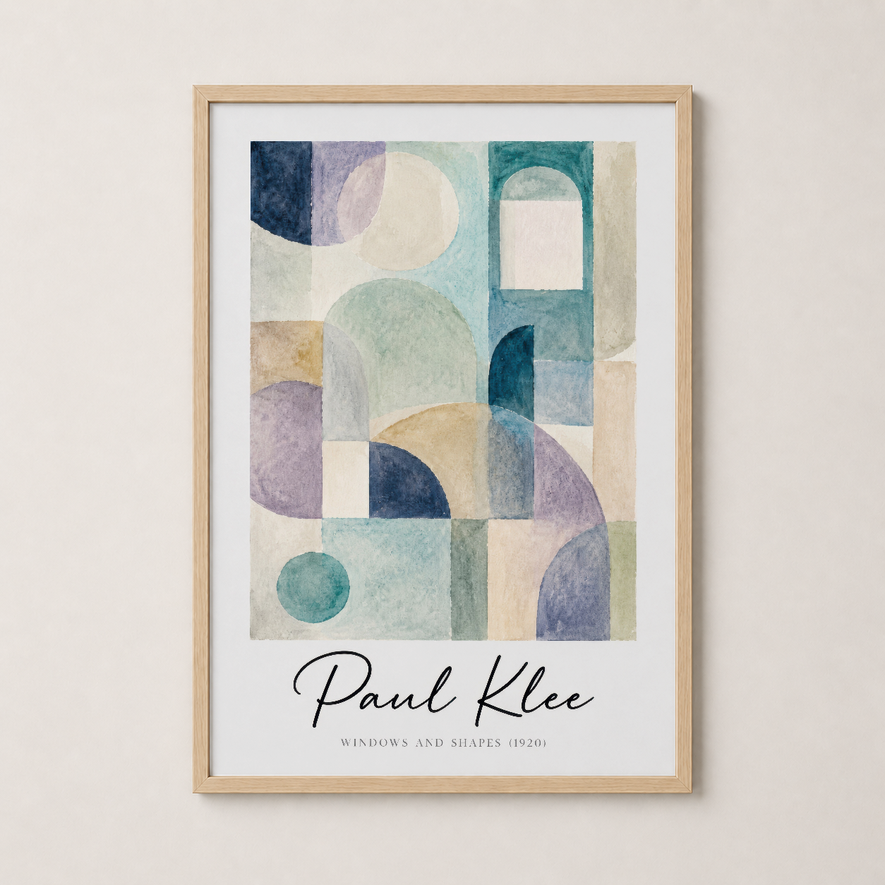 Ahşap çerçeveli sanat baskısı, Paul Klee'nin renkli geometrik komposition tablosunu sıcak ve doğal bir şekilde çerçeveliyor.