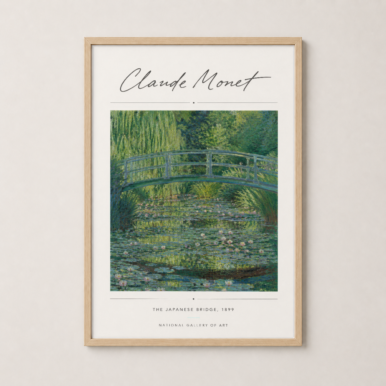 Doğal ahşap çerçeveli Monet tablosu, modern yaşam alanlarına sanat ve zarafet katan dekoratif pano.