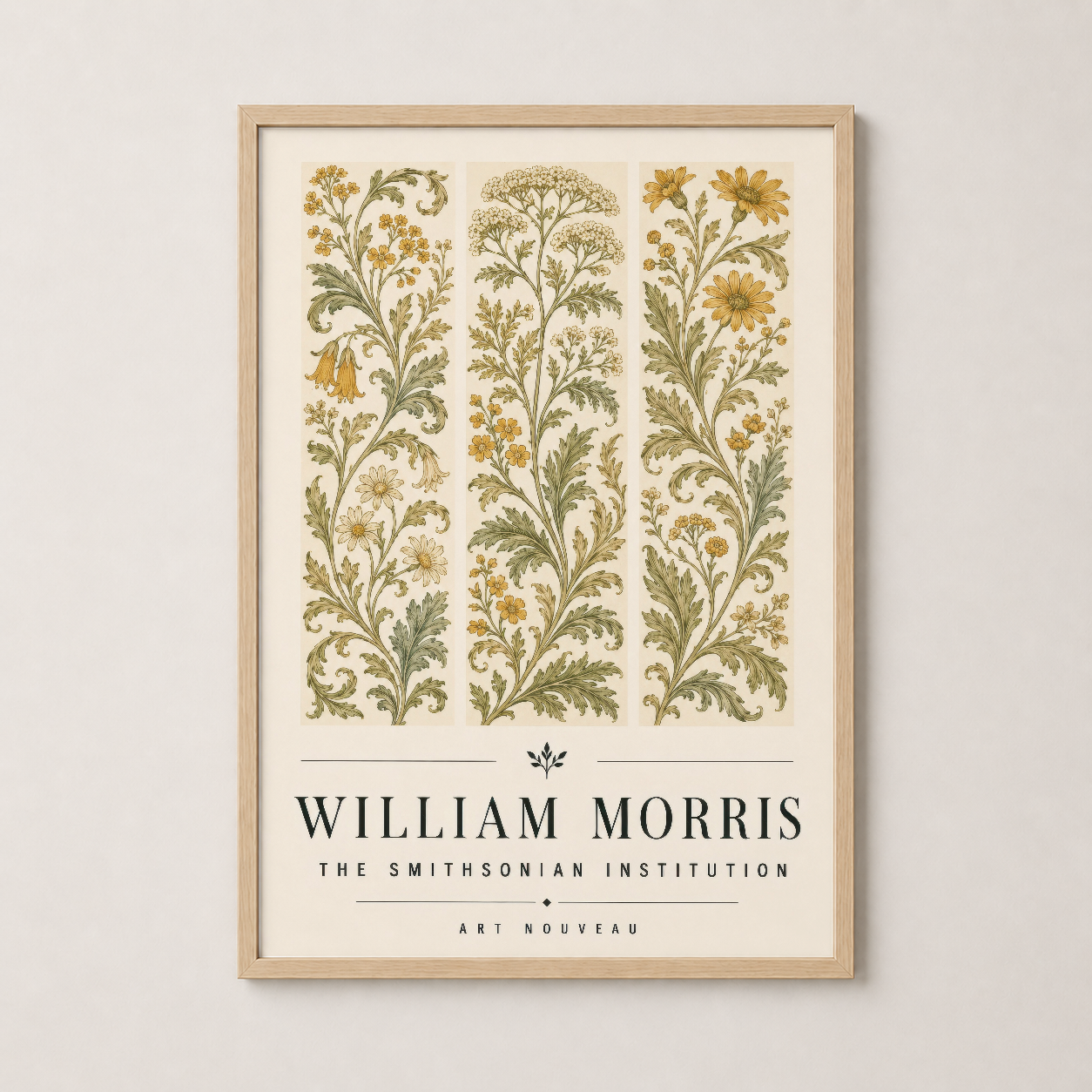 William Morris botanik sanat tablosu ahşap çerçevede, doğal ve sıcak bir iç mekan dekorasyon öğesi.