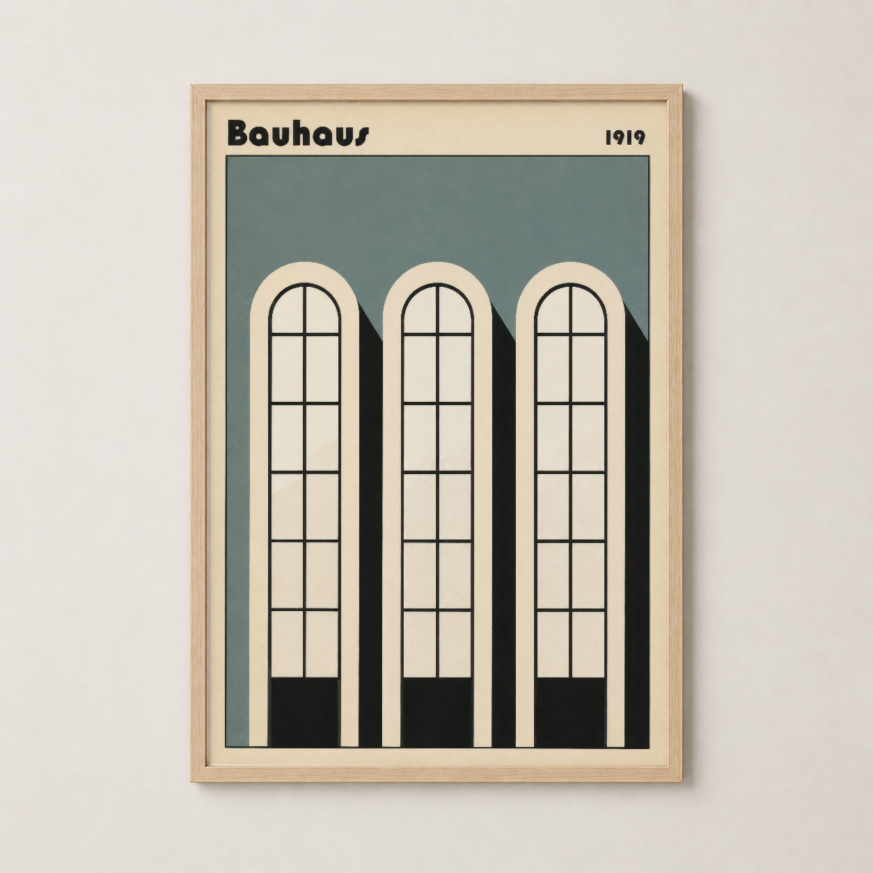 Ahşap çerçeveli Bauhaus tablosu, vintage geometrik mimarl motifiyle dekoratif duvar dekorasyonu.
