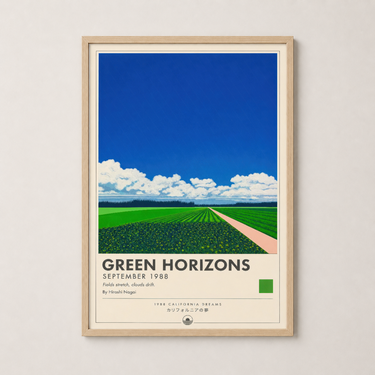 Ahşap çerçeveli Green Horizons poster, doğal ve rahatlatıcı retro stil tarla manzarası tablosu.