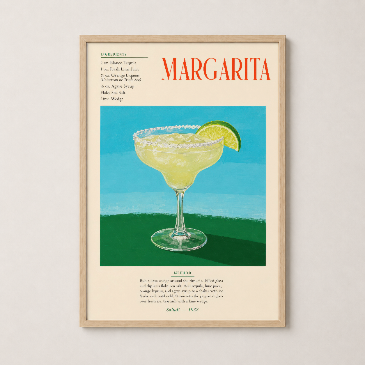 Ahşap çerçeveli margarita posteri, retro kokteyl tasarımı ile mutfağa nostalji ve şıklık katıyor.