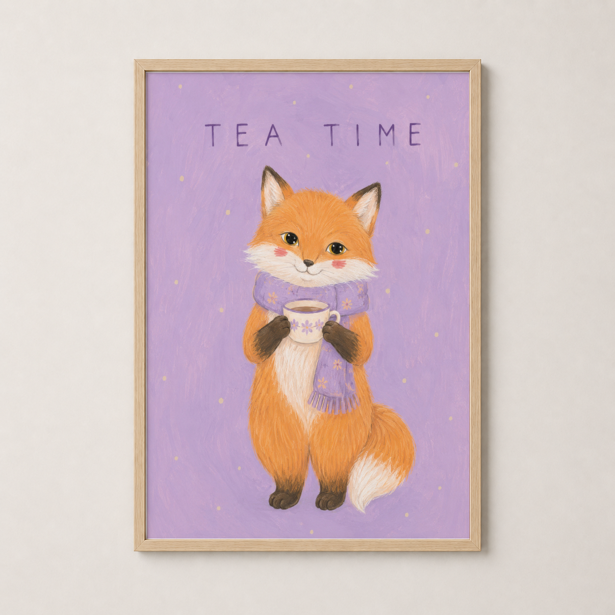 Ahşap çerçevede, sıcak ve doğal ortamda sergilenen tea time temalı çocuk odası posteri.
