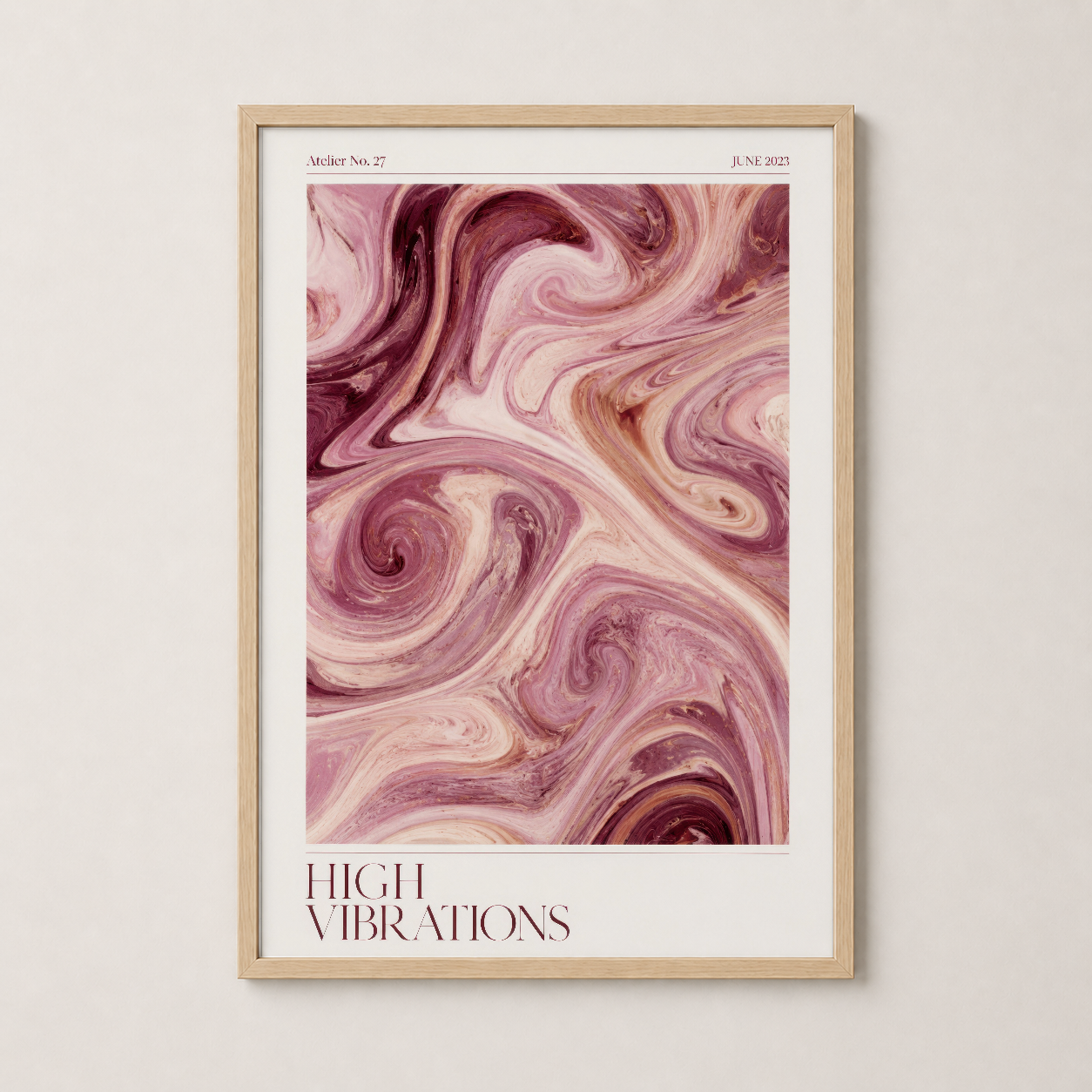 Doğal ahşap çerçeveli tablo, pembe tonlarında soyut spiral sanat, warm ve rahatlatıcı bir görünüm.