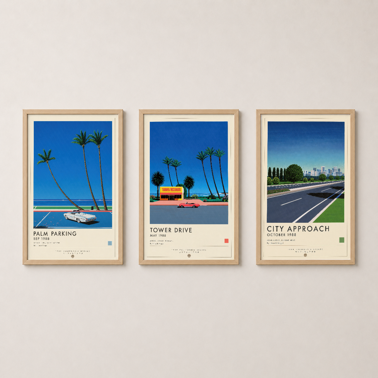 Mavi Turkuaz Yeşil California Retro Otoyol 3'lü Set Duvar Tablosu